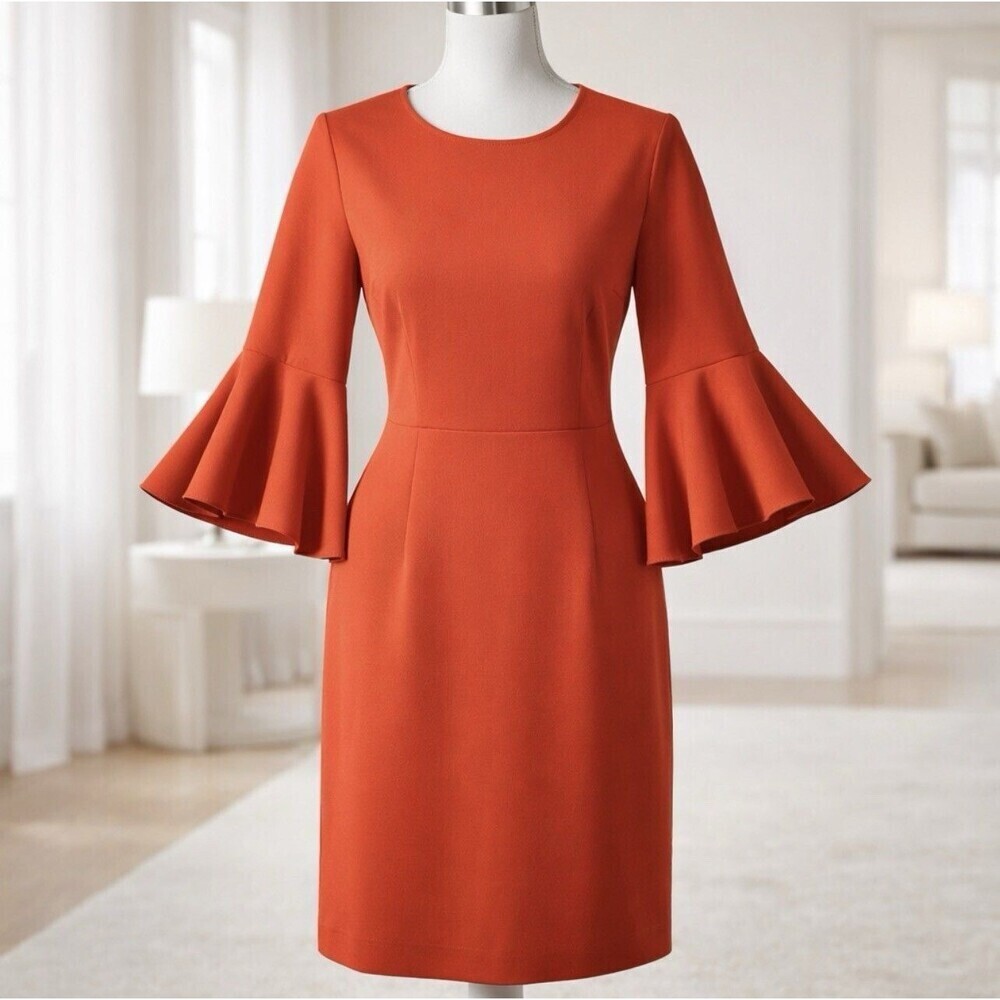 THML Vermillion Red Orange Bell Sleeve Sheath Dress Midi Size Small
